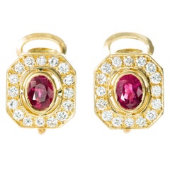 Red Oval Ruby Diamond Gold Earrings