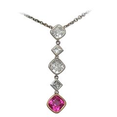 1.25Ct Pink Sapphire & 1.95Ct Diamond, 18k White Gold Pendant - Vintage