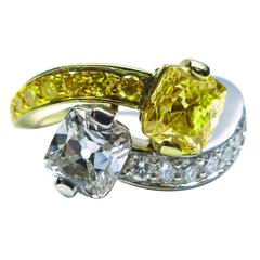 Fancy Yellow and White Cushion Diamond Gold Platinum Twin Ring 6