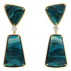 Chrysocolla Malachite Diamond Gold Dangle Earrings