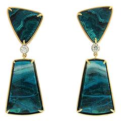 Chrysocolla Malachite Diamond Gold Dangle Earrings 9
