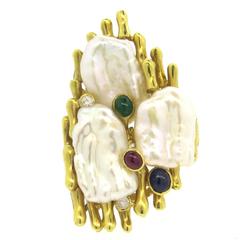 Pearl Ruby Sapphire Emerald Diamond Large Gold Ring