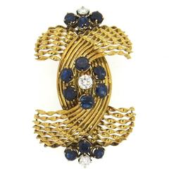 French 1960s Sapphire Diamond Gold Brooch Pin