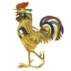 Vintage Whimsical Italian Multicolor Enamel Gold Rooster Brooch Pin