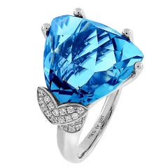 Swiss Blue Topaz Diamond Gold Ring Estate Fine Jewelry