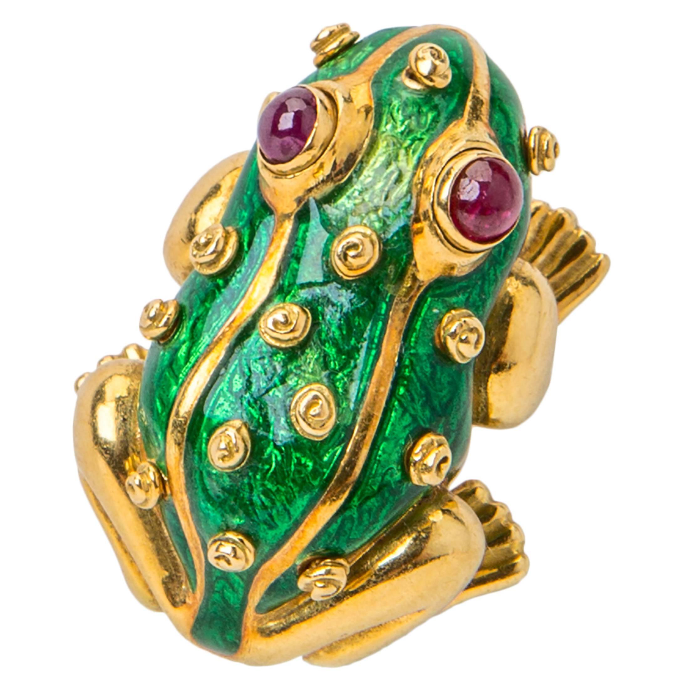 David Webb Enamel Ruby Gold Lucky Frog Pin