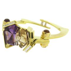 Unusual Modernist Amethyst Diamond Citrine Gold Bangle Bracelet