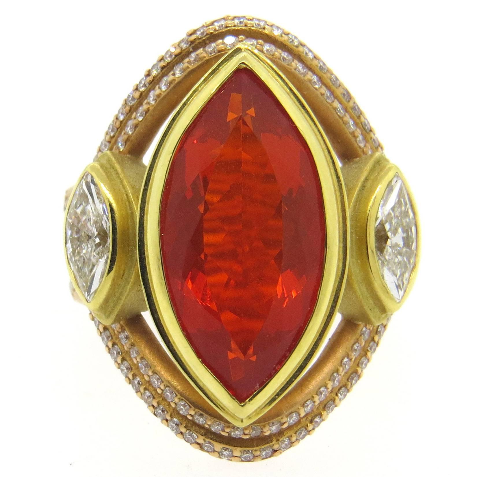 Impressive Sam Lehr Mexican Fire Opal Diamond Gold Ring