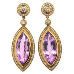 Impressive Sam Lehr Kunzite Diamond Gold Drop Earrings