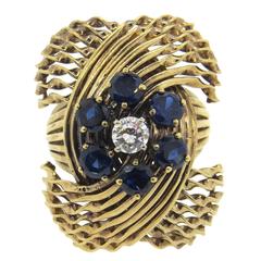 Large French 1960s Sapphire Diamond Gold Ring