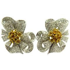 Stunning Yellow Sapphire Diamond Gold Ribbon Motif Earrings