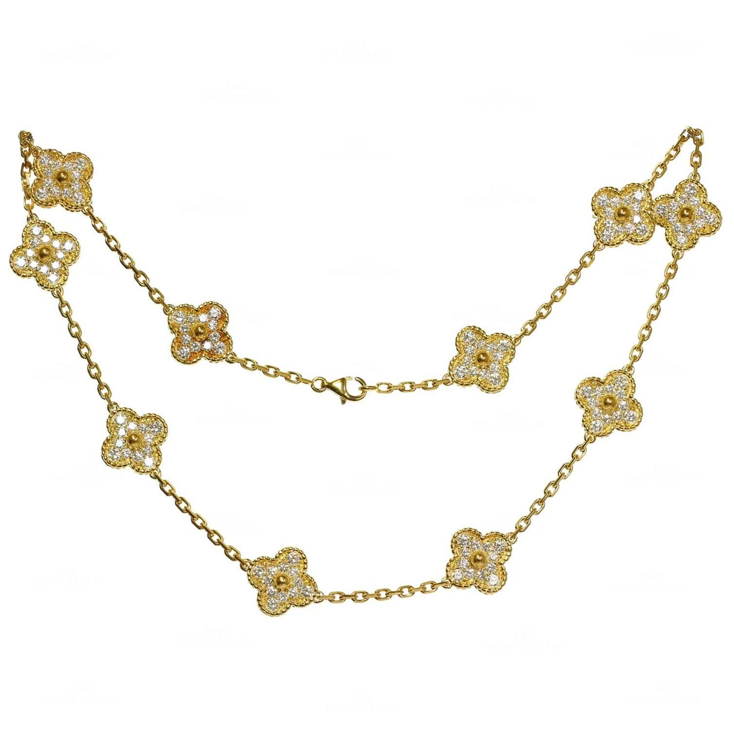 Van Cleef and Arpels Alhambra Diamond Gold 10 Motif Necklace at 1stdibs