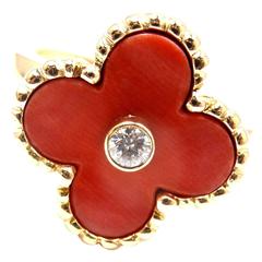 Van Cleef & Arpels Vintage Alhambra Coral Diamond Gold Cocktail Ring