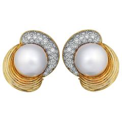 Pearl Diamond Gold Clip Earrings