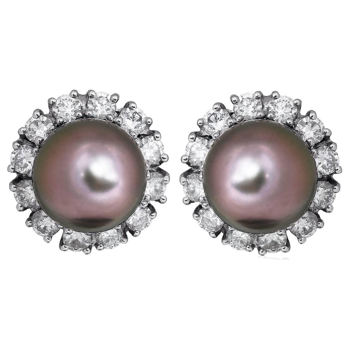 Tahitian Pearl Diamond Gold Cluster Earrings For Sale