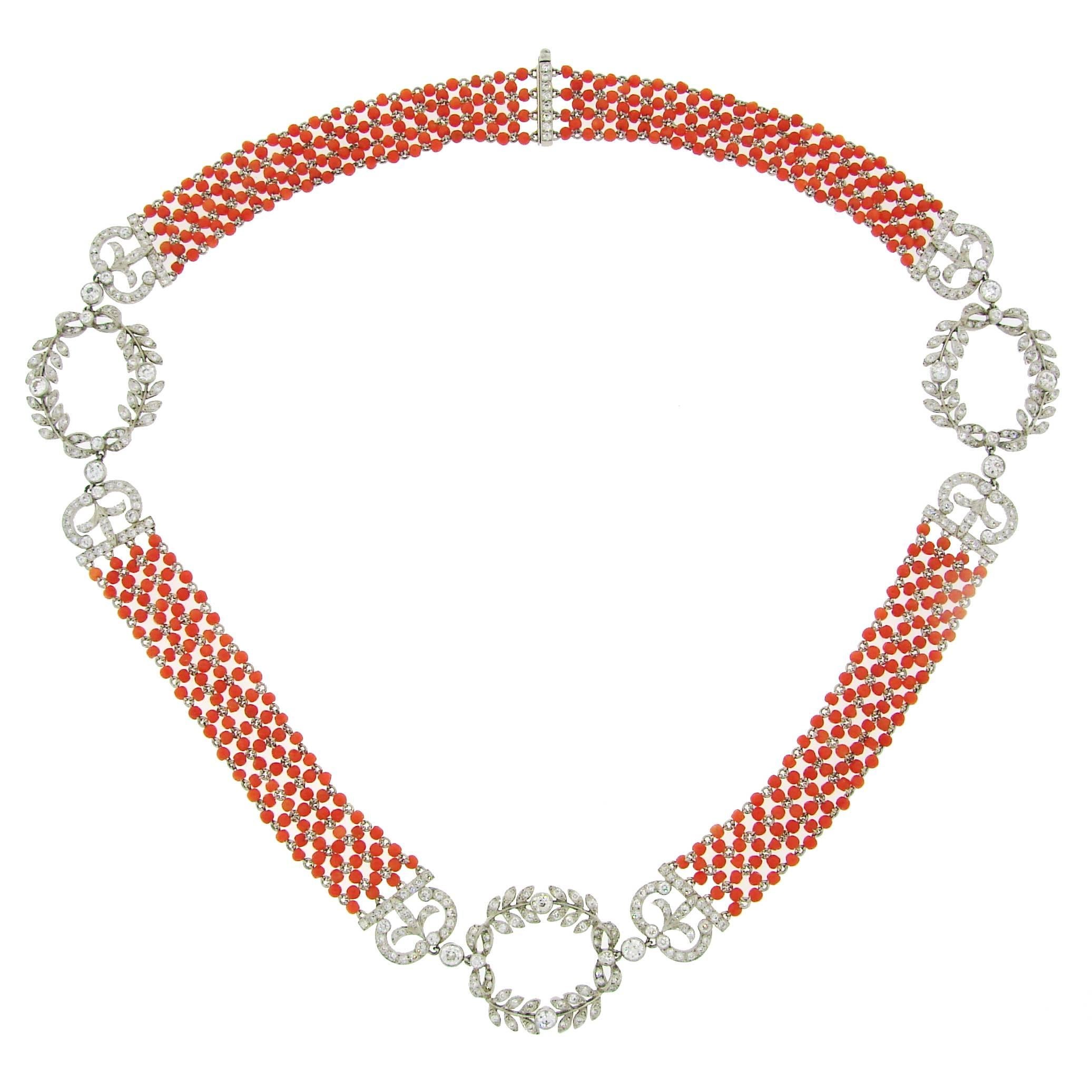 1910s Edwardian Coral Bead Diamond Platinum Necklace
