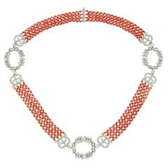 1910s Edwardian Coral Bead Diamond Platinum Necklace