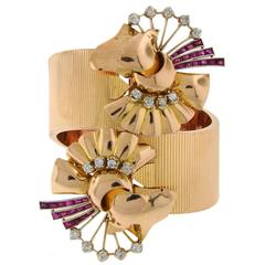 Retro Diamond Ruby Rose Gold Platinum Bangle Bracelet Double Clips 10