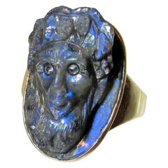 Antique 1890 Victorian Carved Labradorite Diamond Gold Ring