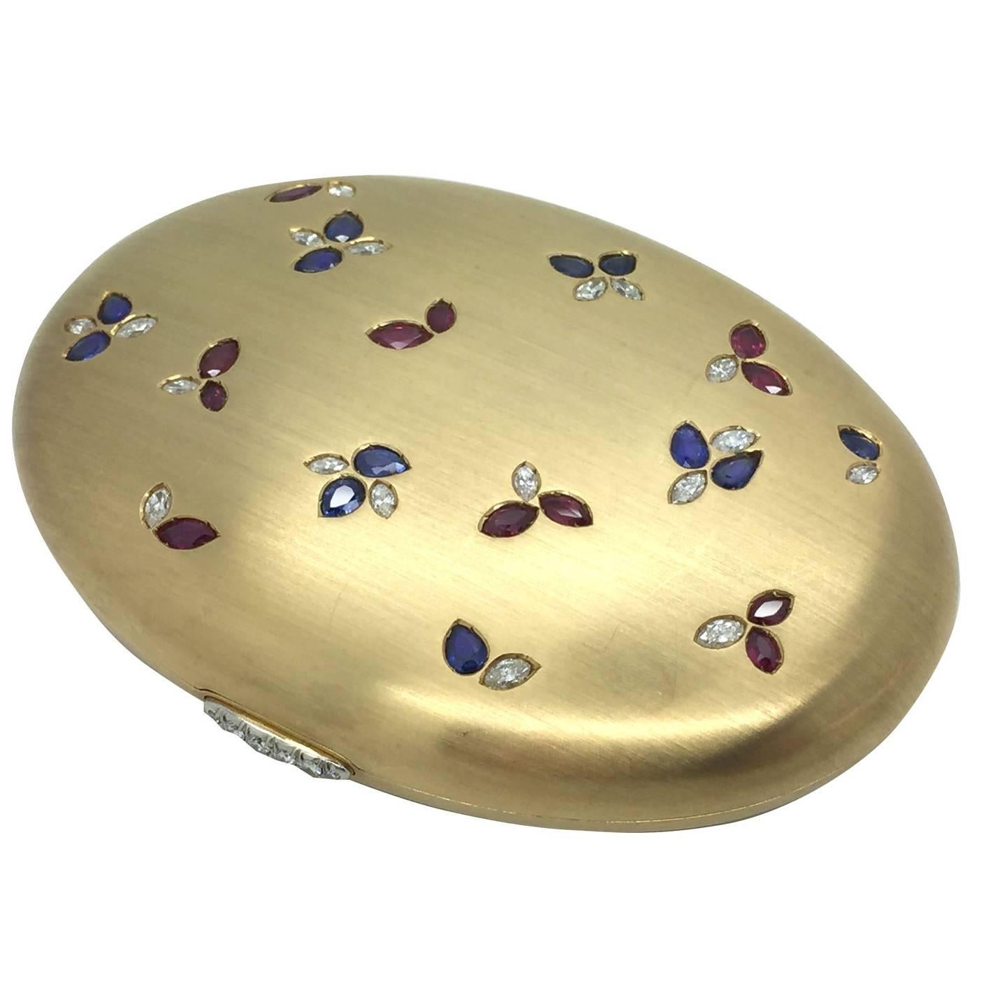 Italian Diamond Sapphire Ruby and Gold Powder Box For Sale