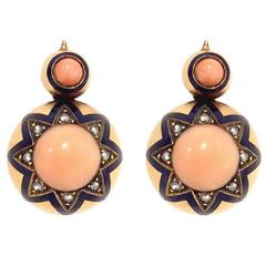 Victorian Coral Enamel Diamond Gold Earrings 11