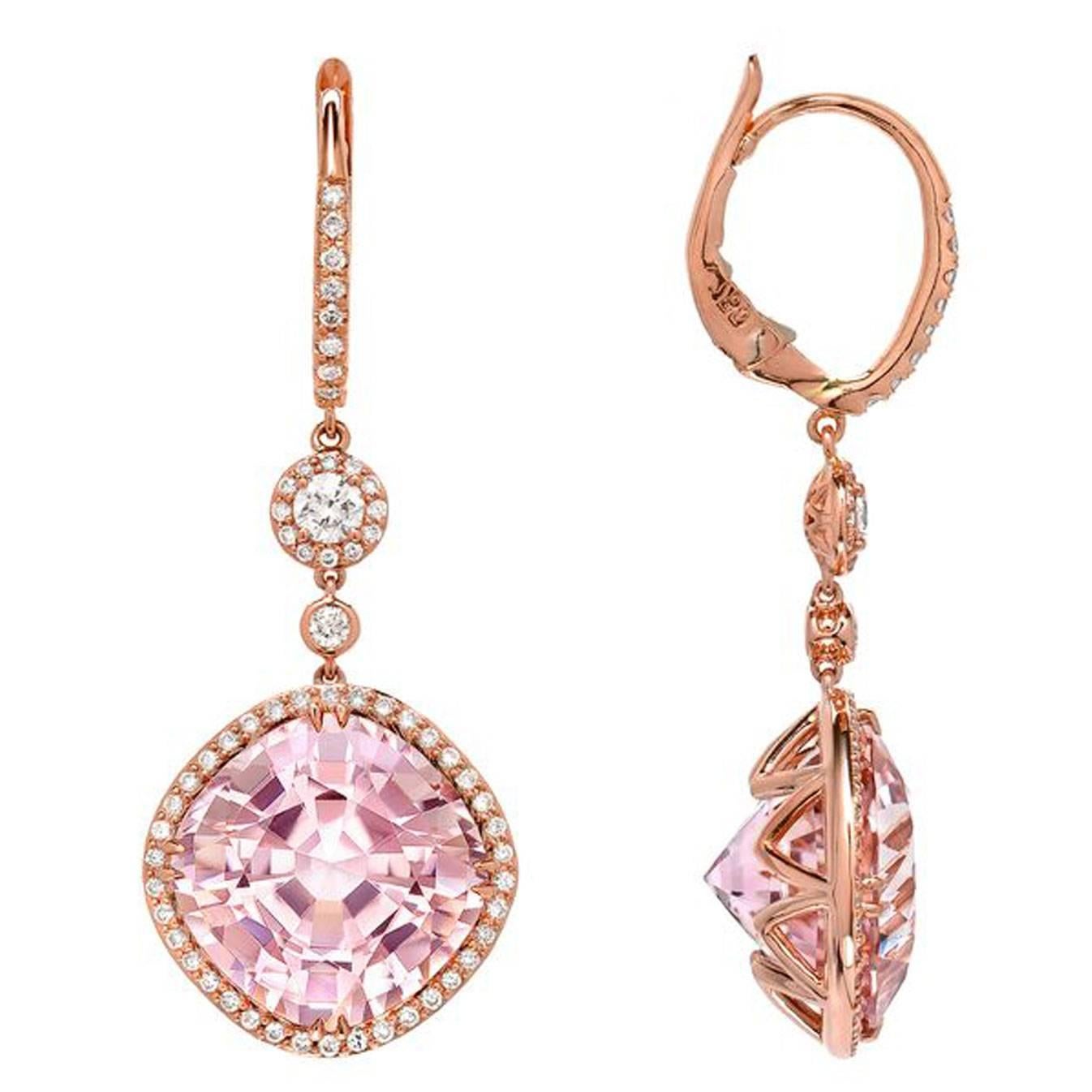 Pink Tourmaline Diamond Gold Drop Earrings