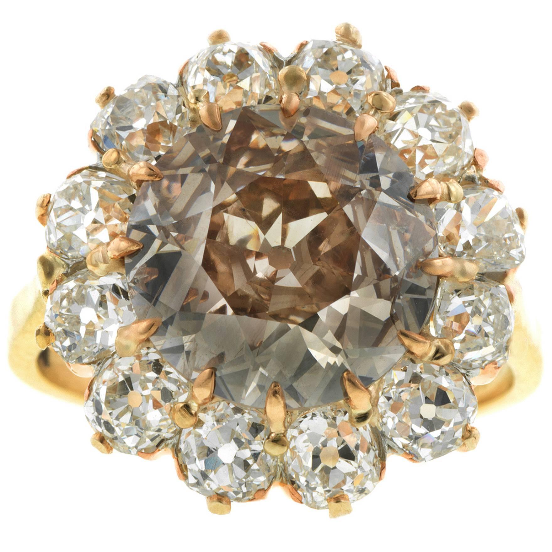 4.00ct Old European cut Fancy Yellowish Brown Antique Diamond Cluster Ring, For Sale