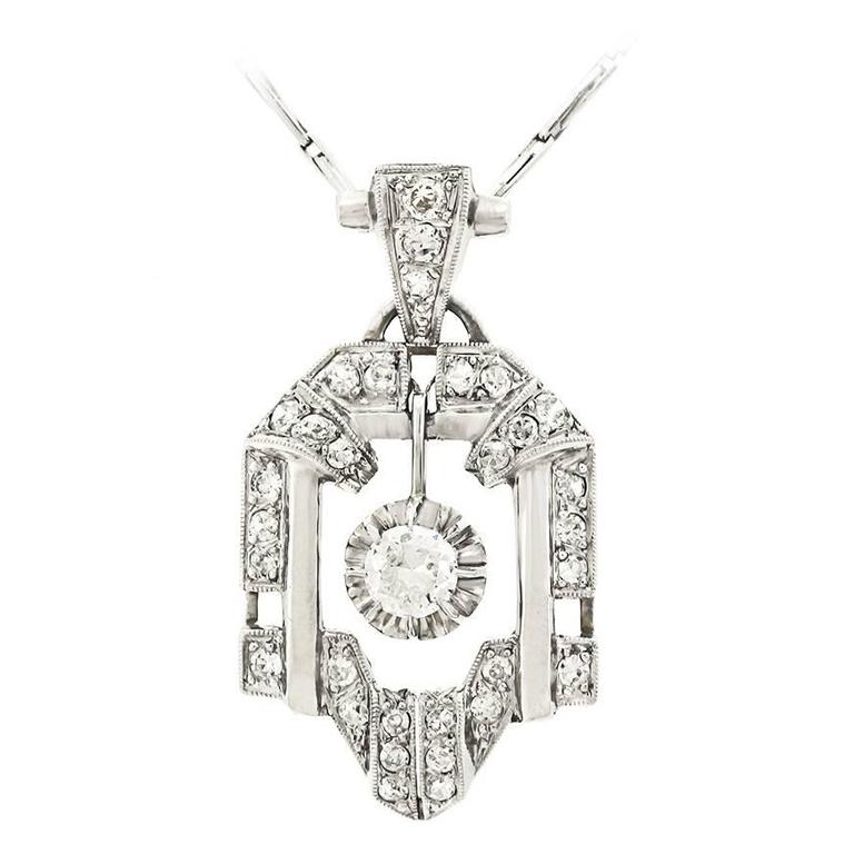French Art Deco Diamond Gold Pendant and Chain at 1stDibs