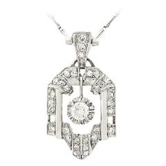 French Art Deco Diamond Gold Pendant and Chain French Art Deco Diamond Gold Pendant and Chain