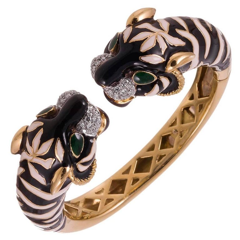 1970s Enamel Diamond Gold Tiger Cuff Bracelet at 1stDibs