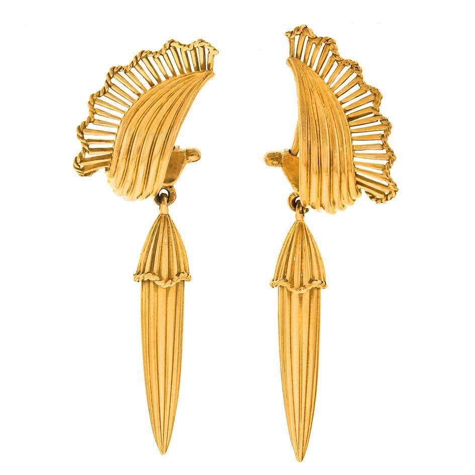 1950s French Silhouette Motif Gold Chandelier Earrings