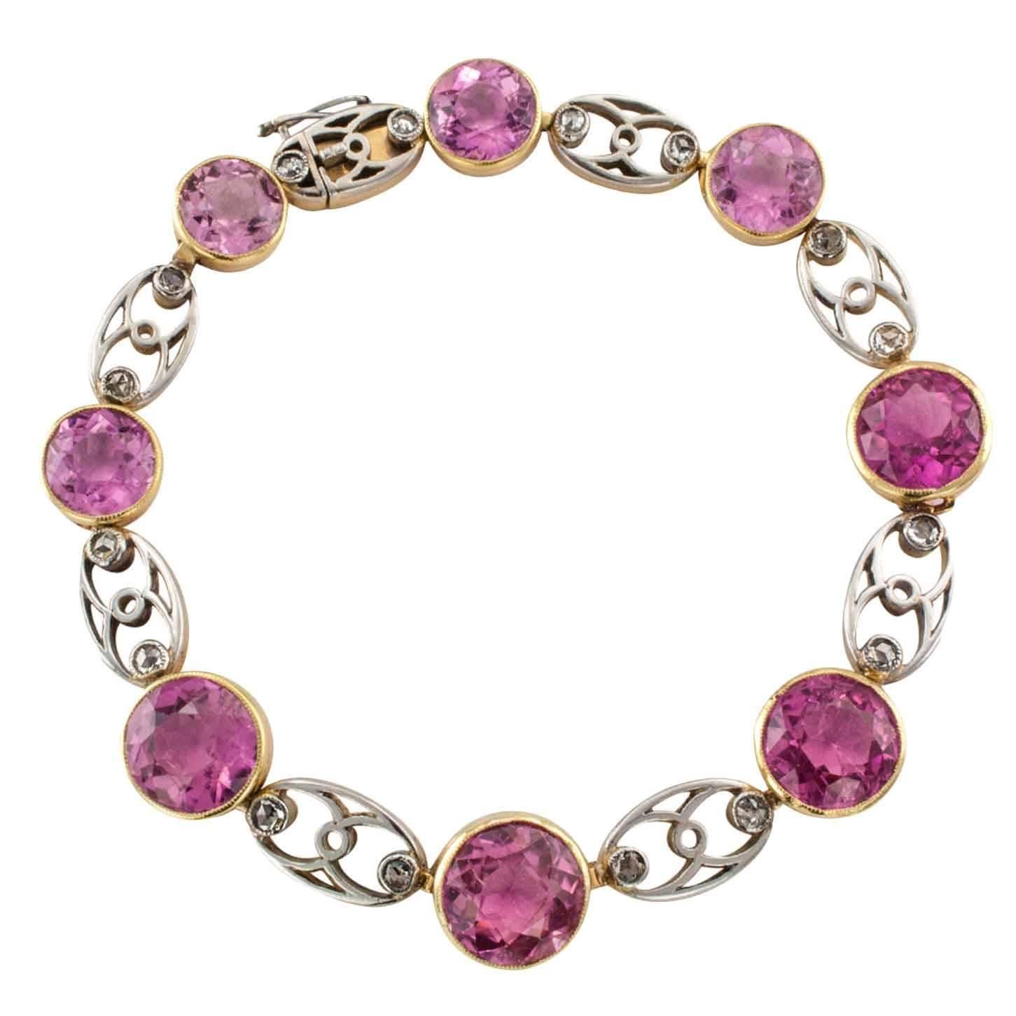 Edwardian Pink Tourmaline Rose-Cut Diamond Gold Platinum Bracelet