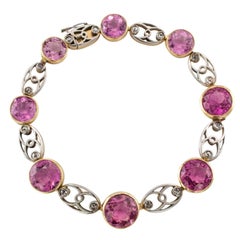 Edwardian Pink Tourmaline Rose-Cut Diamond Gold Platinum Bracelet