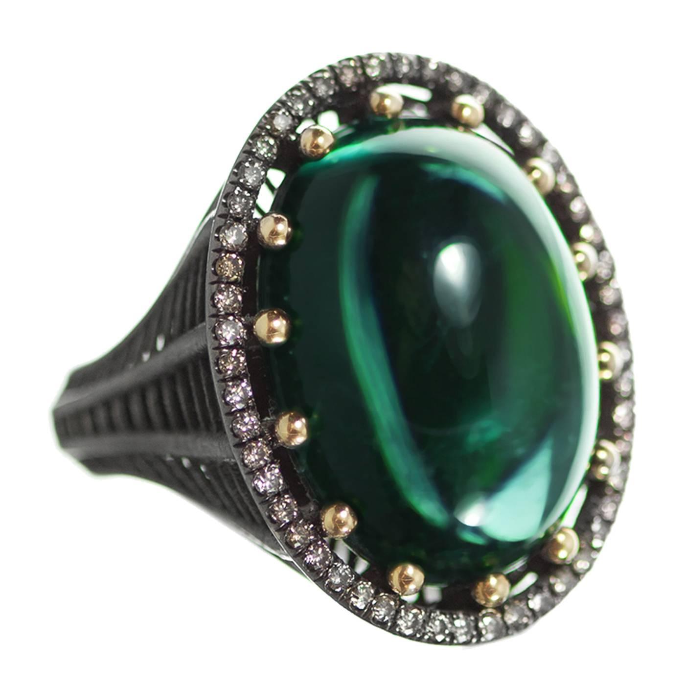 Roule & Co Green Tourmaline Champagne Diamond Cocktail Ring For Sale
