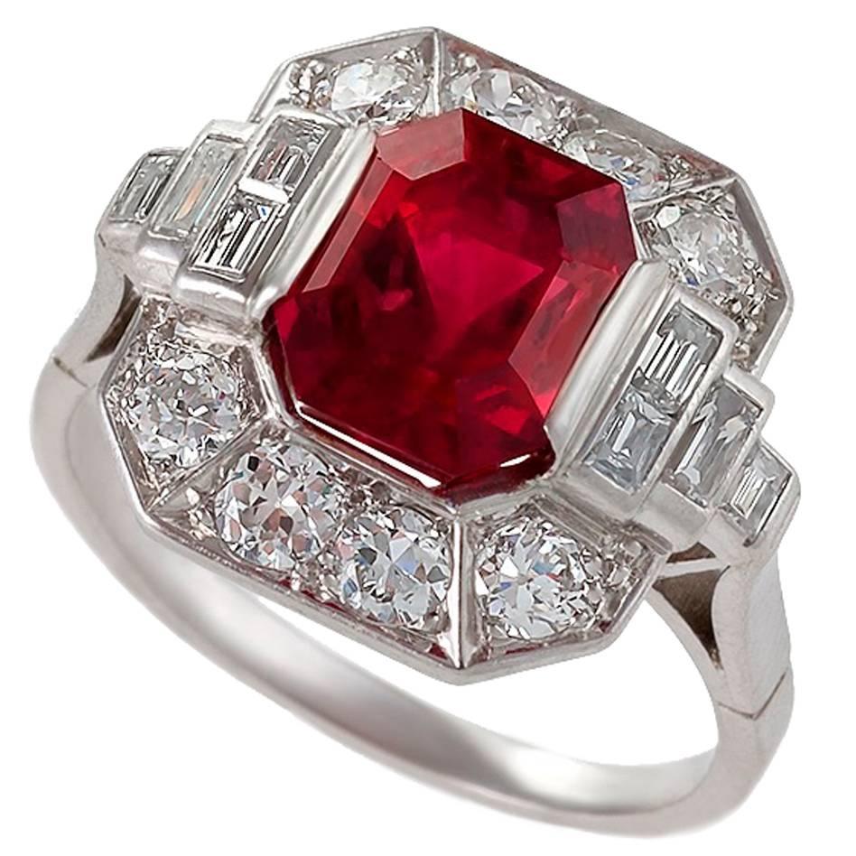 1930s Art Deco Red Spinel, Diamond and Platinum Ring