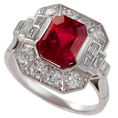 1930s Art Deco Red Spinel, Diamond and Platinum Ring