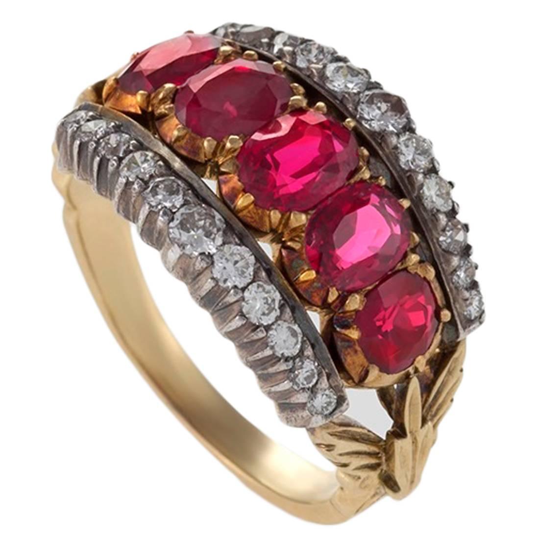 French Antique Ruby Diamond Silver Top Gold Ring