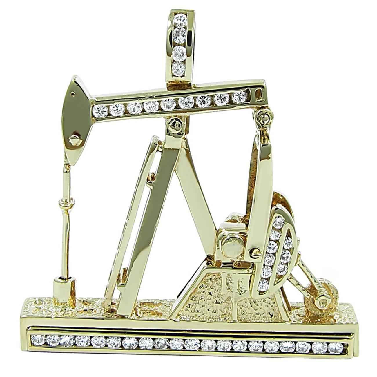 Diamond and Gold Pump Jack Pendant For Sale