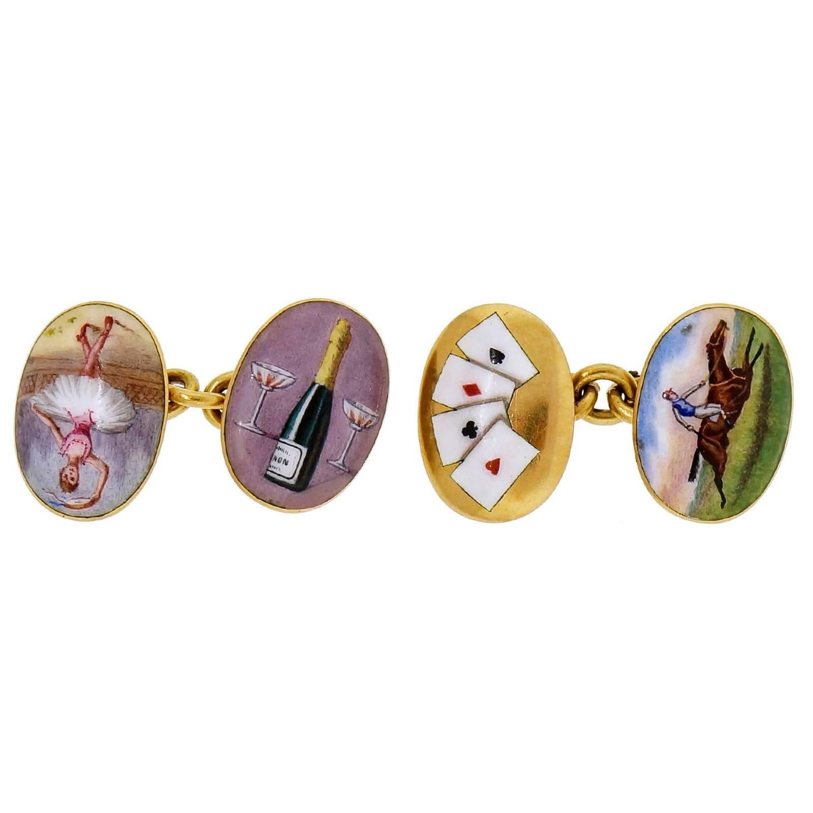 Enamel Double-Sided Gold Four Vices Cufflinks