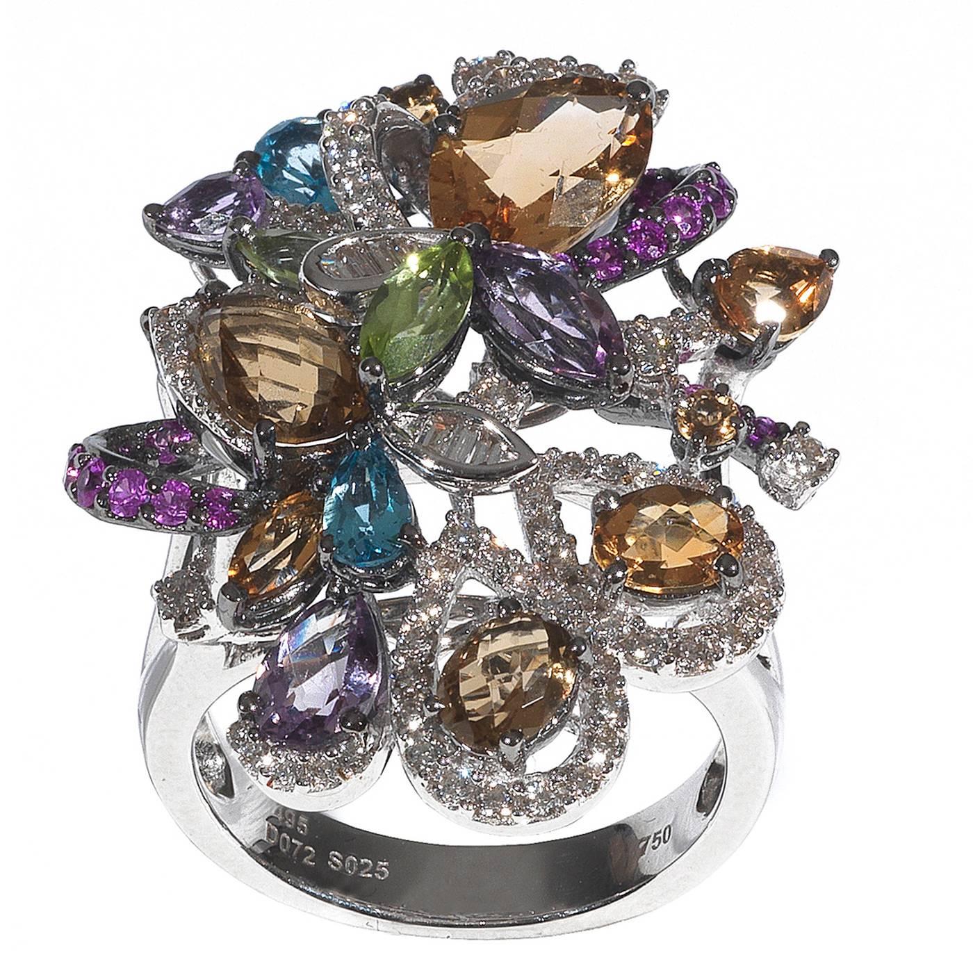 Multicolored Fancy Cut Topaz Amethyst Diamond Gold Ring