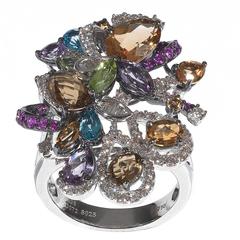 Multicolored Fancy Cut Topaz Amethyst Diamond Gold Ring 12
