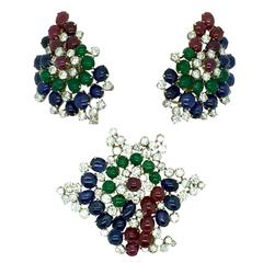 Italian Sapphire Emerald Ruby Diamond Gold Earrings and Brooch set