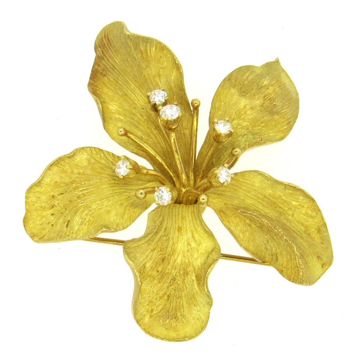 Tiffany & Co Diamond Gold Flower Brooch Pin