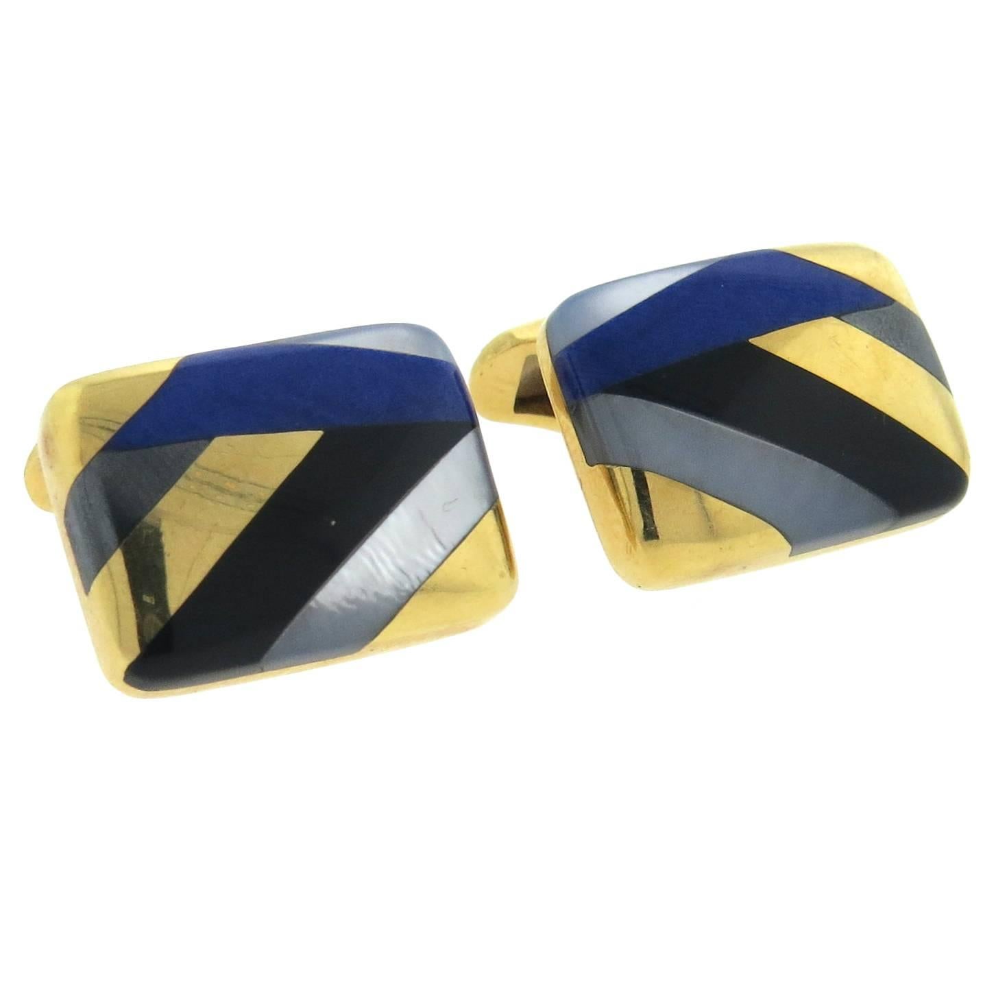Asch Grossbardt Inlay Onyx Lapis Mother of Pearl Large Gold Cufflinks