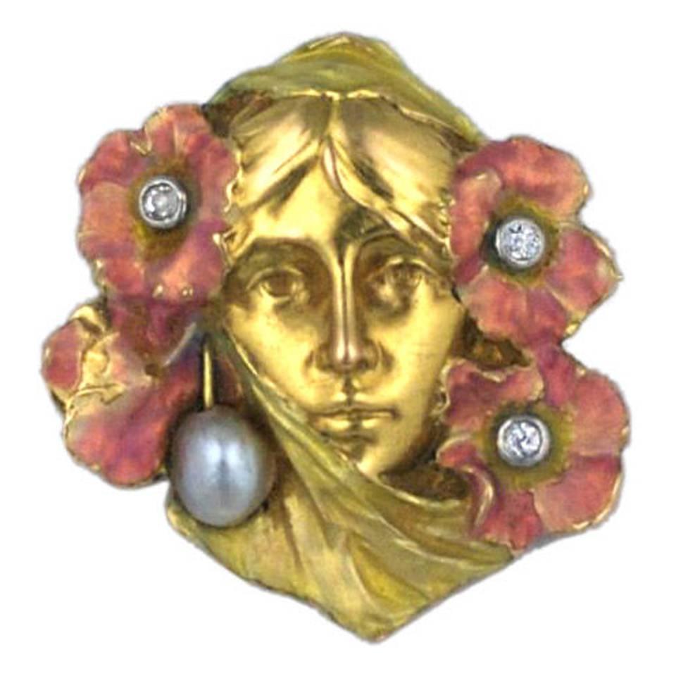 Art Nouveau Enameled Woman For Sale