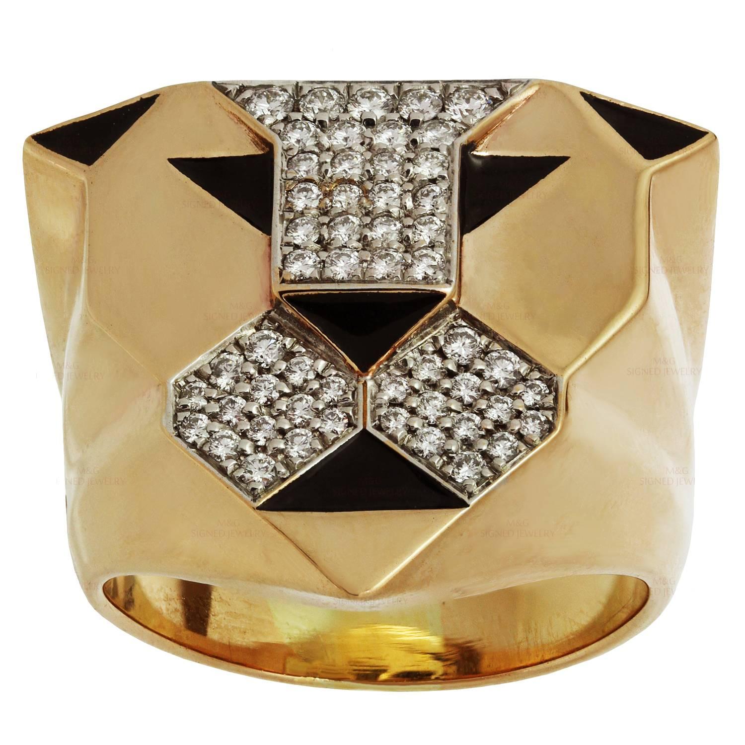 1990s Bulgari Enigma Black Enamel Diamond Gold Lion Ring