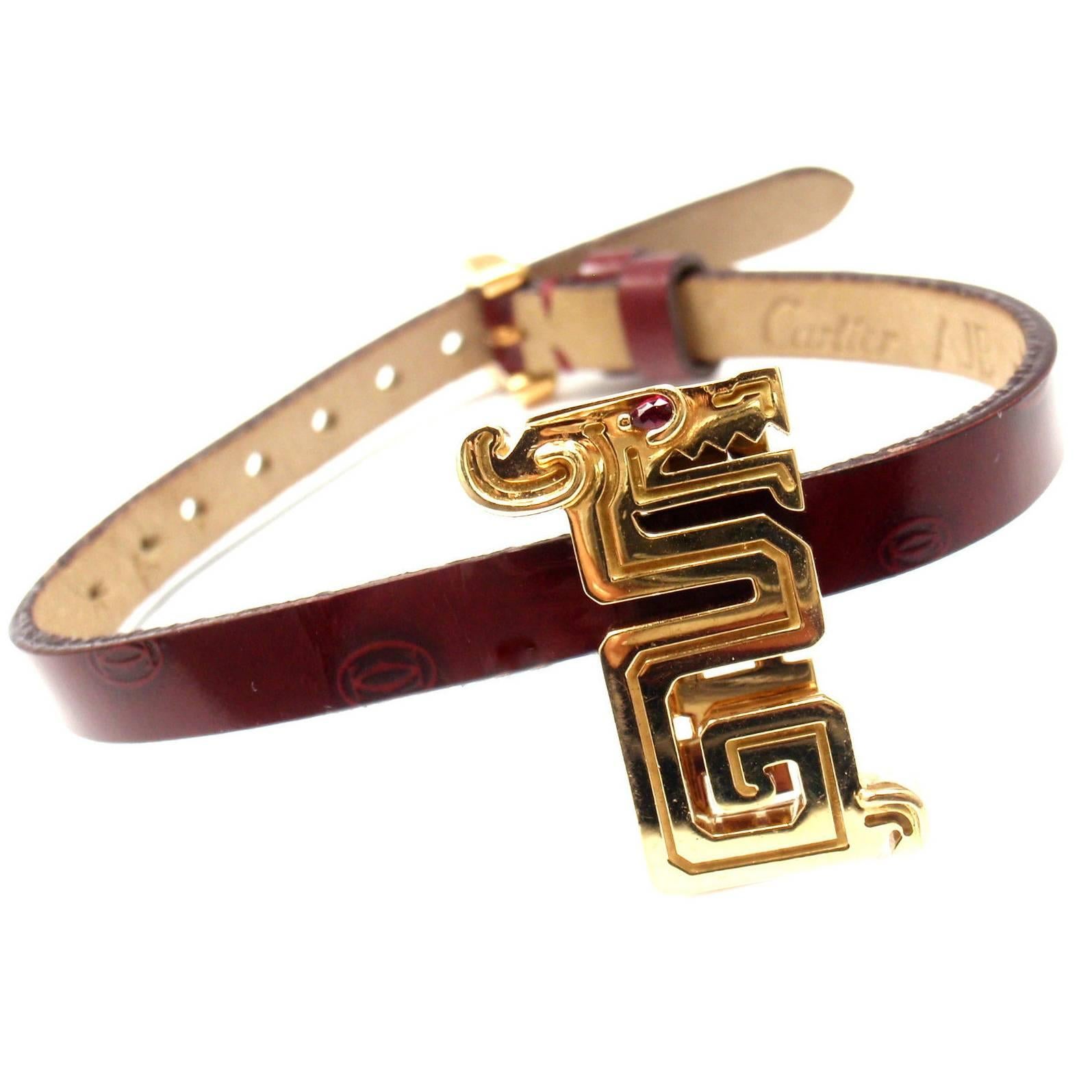 Cartier Le Baiser Du Dragon Ruby Gold Charm Pendant On A Leather Bracelet