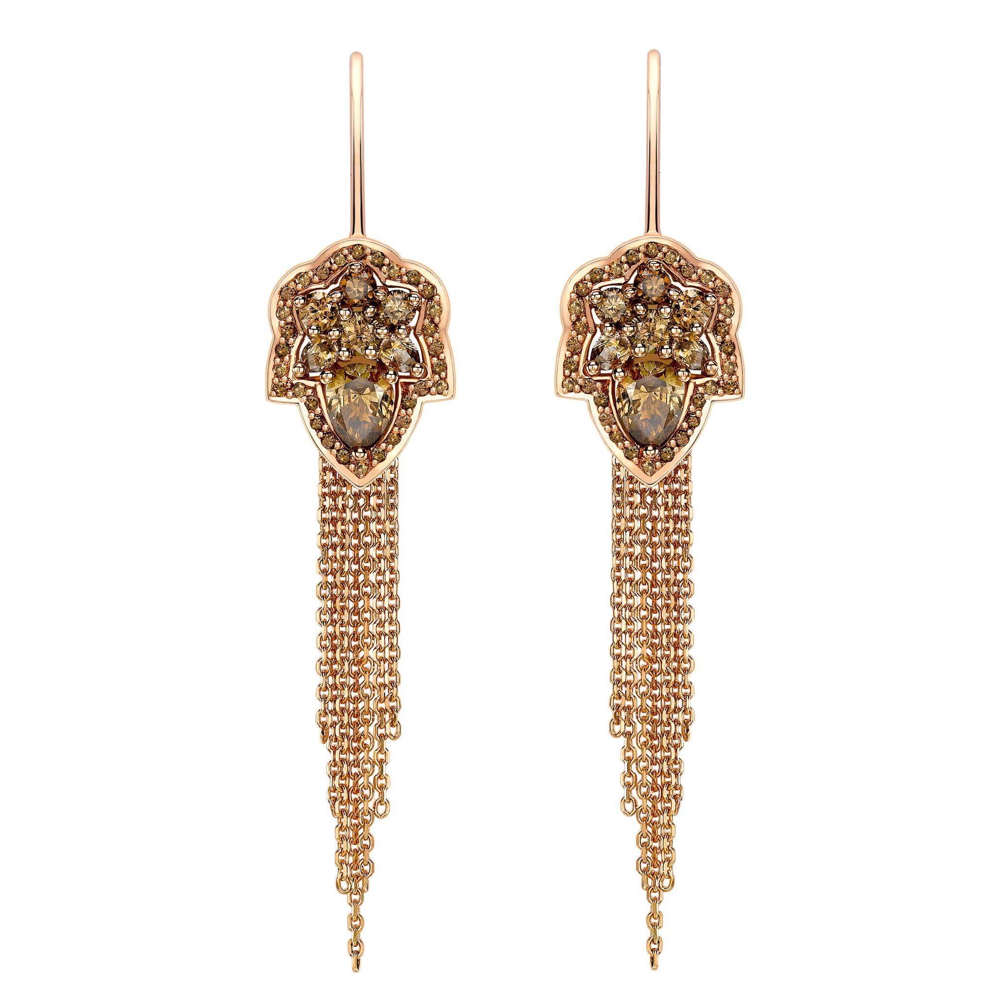 Ana De Costa Rose Gold Pear Round Cognac Diamond Drop Chain Earrings For Sale