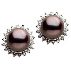 Tahitian Pearl Diamond Gold Stud Earrings 9