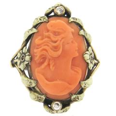 Antique Coral Cameo Diamond Gold Ring